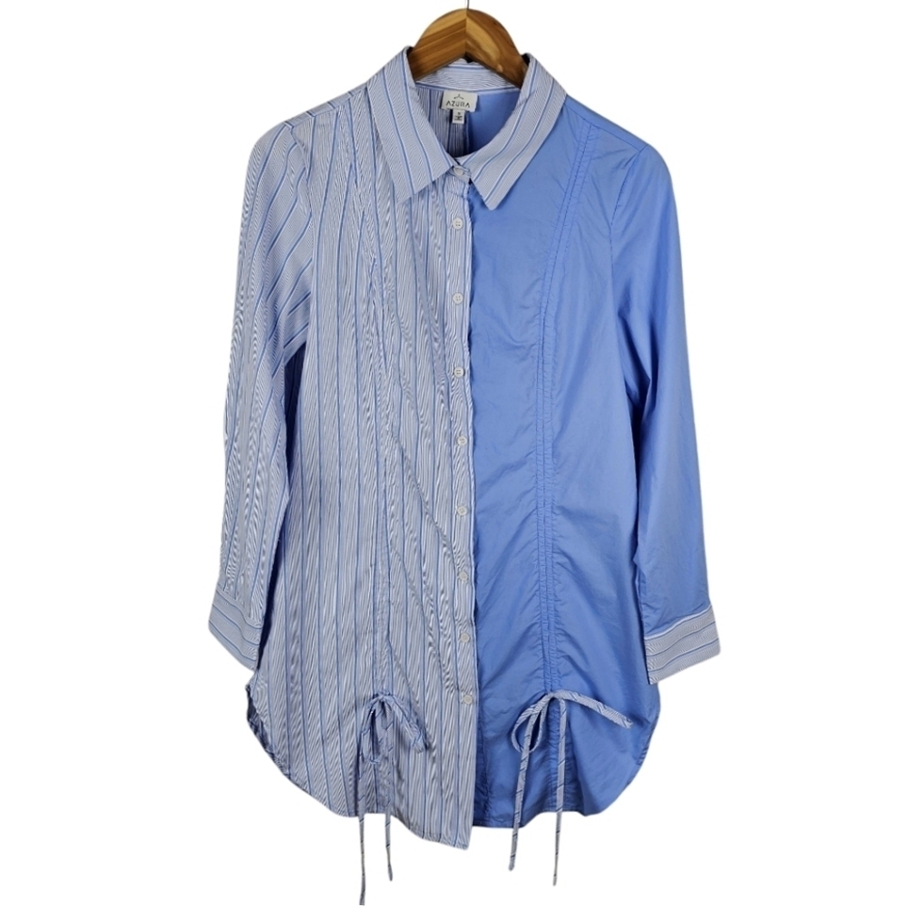 Azura Striped Button Up Tunic Shirt Sz Small Blue Colorblock Unique Avant Garde